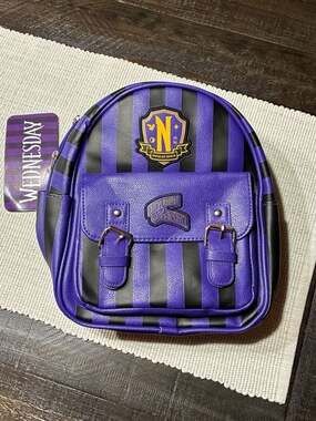 NEW Wednesday Addams Nevermore Academy Purple Striped Mini Backpack